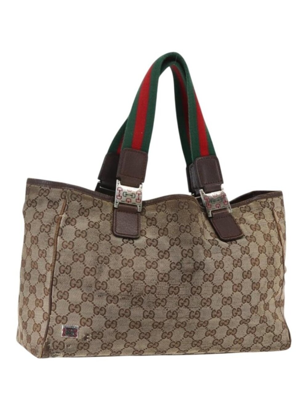 GUCCI GG Canvas Web Sherry Line Tote Bag Beige Silver Red 145758